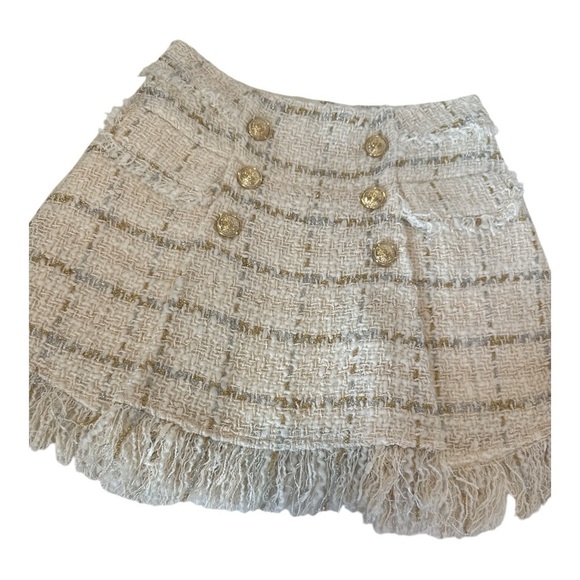 RAMY BROOK Karey Fringe Tweed Miniskirt Sz 4 Ivory Plaid Fringe Preppy - Picture 3 of 10